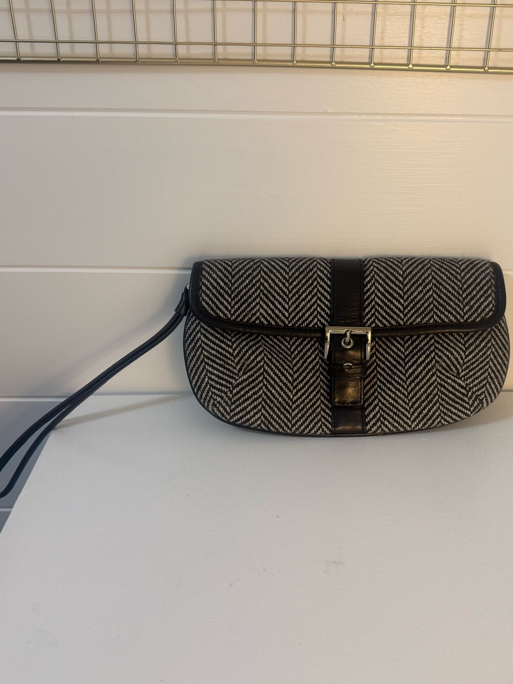 Herringbone Fold-Over Wristlet Clutch in Brown & White